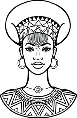 African beauty: animation portrait of the  beautiful black woman  in ancient clothes and jewelry. Monochrome drawing. Vector illustration isolated on a white background. Print, poster, t-shirt, card.