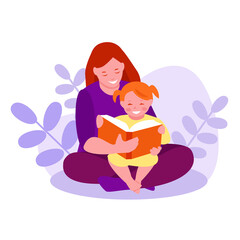 Mother reads a book to her daughter in nature. Plants, leaves. The concept of family, education, upbringing. Vector illustration in flat cartoon style. 