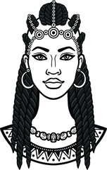 Obraz premium African beauty: animation portrait of the beautiful black woman in Afro hair. Monochrome drawing. Vector illustration isolated on a white background. Print, poster, t-shirt, card.