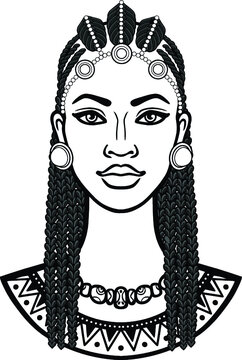 African beauty: animation portrait of the  beautiful black woman in Afro hair. Monochrome drawing. Vector illustration isolated on a white background. Print, poster, t-shirt, card.