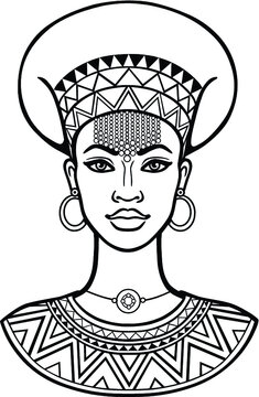 African beauty: animation portrait of the  beautiful black woman  in ancient clothes and jewelry. Monochrome drawing. Vector illustration isolated on a white background. Print, poster, t-shirt, card.