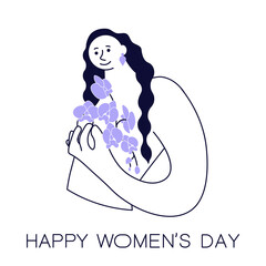 Greeting card of Happy Women s Day. Postcard with text and flowers. Square banner for the March 8. Flat Art Vector Illustration