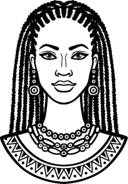 Animation portrait of the young African woman. Monochrome linear drawing. Vector illustration isolated on a white background. Print, poster, t-shirt, card. 