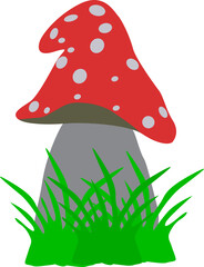 mushroom fly agaric with grass, vector drawing, isolate on a white background