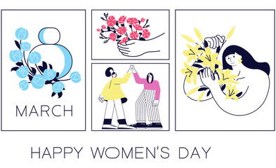 Happy Women s Day flyer, poster. Social media banner with women celebrating spring holidays with flowers. March 8 poster template or greeting card design.