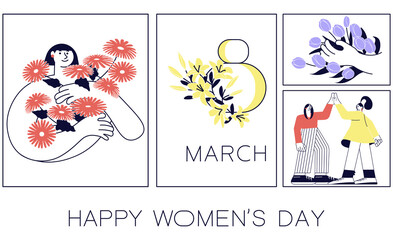 Happy Women s Day flyer, poster. Social media banner with women celebrating spring holidays with flowers. March 8 poster template or greeting card design.
