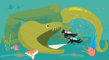 Scuba diving man and woman on the sea bottom in the mouth of a huge moray eel. Marine predators and underwater swimmers. Flat Art Vector illustration