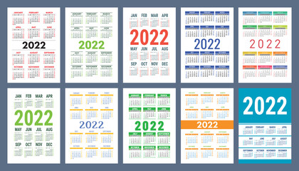 Calendar 2022 year set. Vector pocket or wall calender template collection. Week starts on Sunday. January, February, March, April, May, June, July, August, September, October, November, December