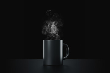 Black coffee cup or empty mug for drink on dark smoke background with blank ceramic porcelain mockup template. 3D rendering.