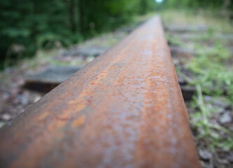 Macro photography of rusty railway rail in rural forest area. Deterioration and obsolescence of infrastructure. Concept of transport crisis