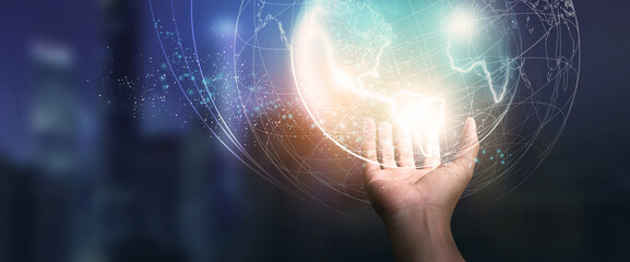 Digital of Virtual Online Global structure networking on Businessman hand in dark background....