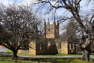picturesque ruins in summer of the gothic-style convict church at the port arthur historic site, port arthur, tasmania, australia