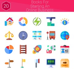 books for starting an online business icon set. 20 flat icons on theme books for starting an online business. collection of bus stop, package, shape, signpost, stairs, rocket