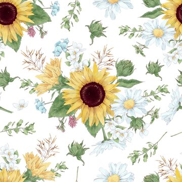 Sunflowers seamless pattern. Watercolor illustration