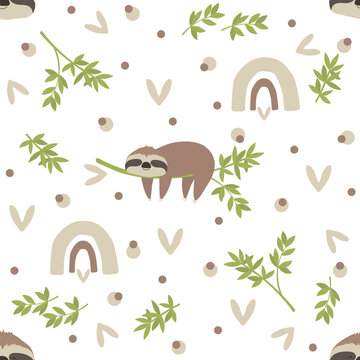 Seamless pattern of jungle animals, sloth sleeping on a branch