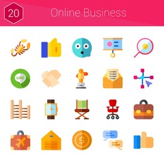 online business icon set. 20 flat icons on theme online business. collection of handshake, office chair, like, chair, briefcase, line, scare, monument, warehouse, speech bubble