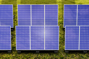 Aerial View of Solar energy stations and sky. Renewable energy background