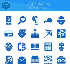 dropshipping business icon set. 20 filled icons on theme dropshipping business. collection of Blank, Laptop, Measuring tape, Phone call, Snack, Folder, Direction, Conveyor