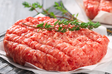 Raw minced beef patties for burgers. Raw meat for hamburgers. Beef cutlets.