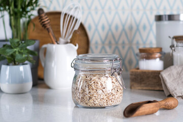 Storage of bulk products and cereals in glass jars. Concept zero waste.
