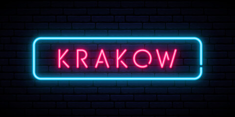 Obraz premium Krakow neon sign. Bright light signboard. Vector banner.
