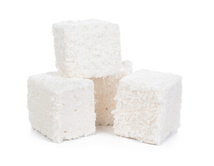 White Turkish delight with coconut shavings isolated on white