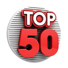 Top fifty. 3d Top 50 red text on white background. 3d illustration.	