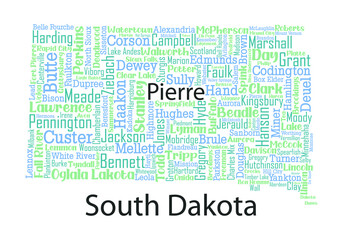 Word cloud map design includes all Counties, Cities, Municipalities in the state of South Dakota. It's an editable vector file.