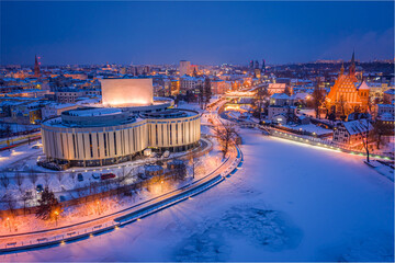 Aerial view of Opera in Bydgoszcz after sunset in winter