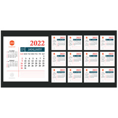Calendar template for 2022 year. Planner diary design for Corporate and business calendar. Week Starts Sunday.Vector