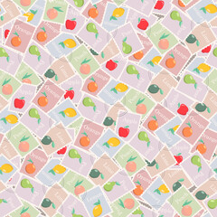 Seamless pattern of stamps with fruit images.