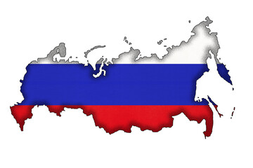 Obraz premium Russia border silhouette with national flag. Contour country on geography map.