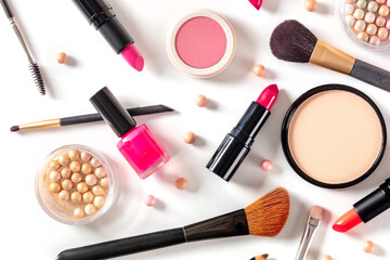Make-up products, shot from the top on a white background. Various cosmetics © laplateresca