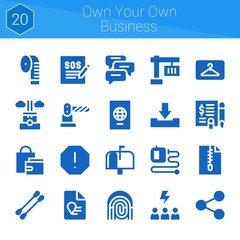 own your own business icon set. 20 filled icons on theme own your business. collection of Fingerprint, Support, Report, Measuring tape, Comments, Extending leads, Barrier