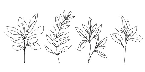 Continuous Line Drawing Set Of Plants Black Sketch of Flowers Isolated on White Background. Flowers One Line Illustration. Minimalist Prints Set. Vector EPS 10.