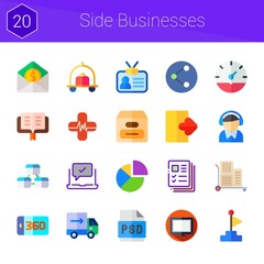 side businesses icon set. 20 flat icons on theme side businesses. collection of psd, moving truck, package, mail, 360 degrees, profiles, monitor, clock, laptop, packing