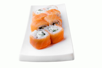 Japanese food restaurant delivery, sushi set . Sushi unagi, tempura rolls california with salmon, shrimp,  tuna, caviar and cheese isolated at white background. 
