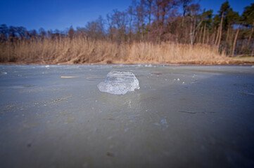 a block of ice on the frozen surface of the lake 