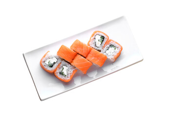 Japanese food restaurant delivery, sushi set . Sushi unagi, tempura rolls california with salmon, shrimp,  tuna, caviar and cheese isolated at white background. 