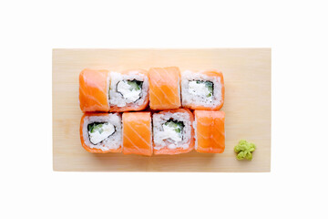 Japanese food restaurant delivery, sushi set . Sushi unagi, tempura rolls california with salmon, shrimp,  tuna, caviar and cheese isolated at white background. 
