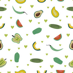 Seamless pattern with assortment tropical fruit for healthy eating and organic foods. Vector fruit mix illustration can be used to fill different shapes, and as a background, wallpaper