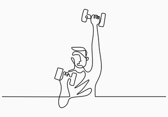 Man holding barbell continuous one line drawing vector illustration. A strong athletic male lifting weights and bodybuilder training. Gym theme of workout hand drawn line art minimalism style