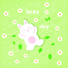 Obraz premium Hand drawn cartoon sleeping rabbit lying on the grass