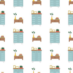 Seamless pattern with dumbbells and chests of drawers. Thin Line art. For backgrounds, websites, textiles, postcards and books. Vector