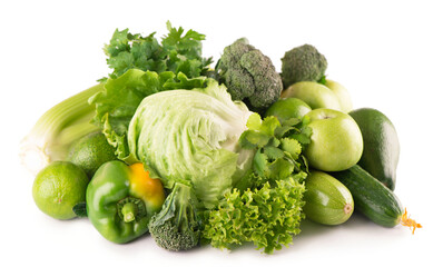 green fruits and vegetables on white background .