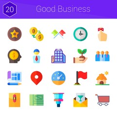 good business icon set. 20 flat icons on theme good business. collection of gauge, flag, hollywood, mail, reminder, sprout, invitation, flags, cabin, control tower, interface