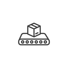 Conveyor belt with box line icon. linear style sign for mobile concept and web design. Cargo logistics conveyor outline vector icon. Symbol, logo illustration. Vector graphics