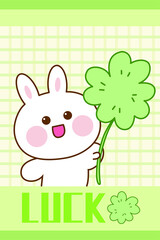 Obraz na płótnie Canvas Hand drawn cartoon lucky bunny rug holding a four-leaf clover