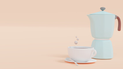 3D illustration rendering. Coffee in the white mug and the blue pastel Moka pot isolated on pastel orange background. The hot coffee and the white smokes.