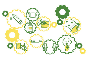 ウイルス抑制の歯車　社会とワクチン接種　シンプル　黄色と緑色